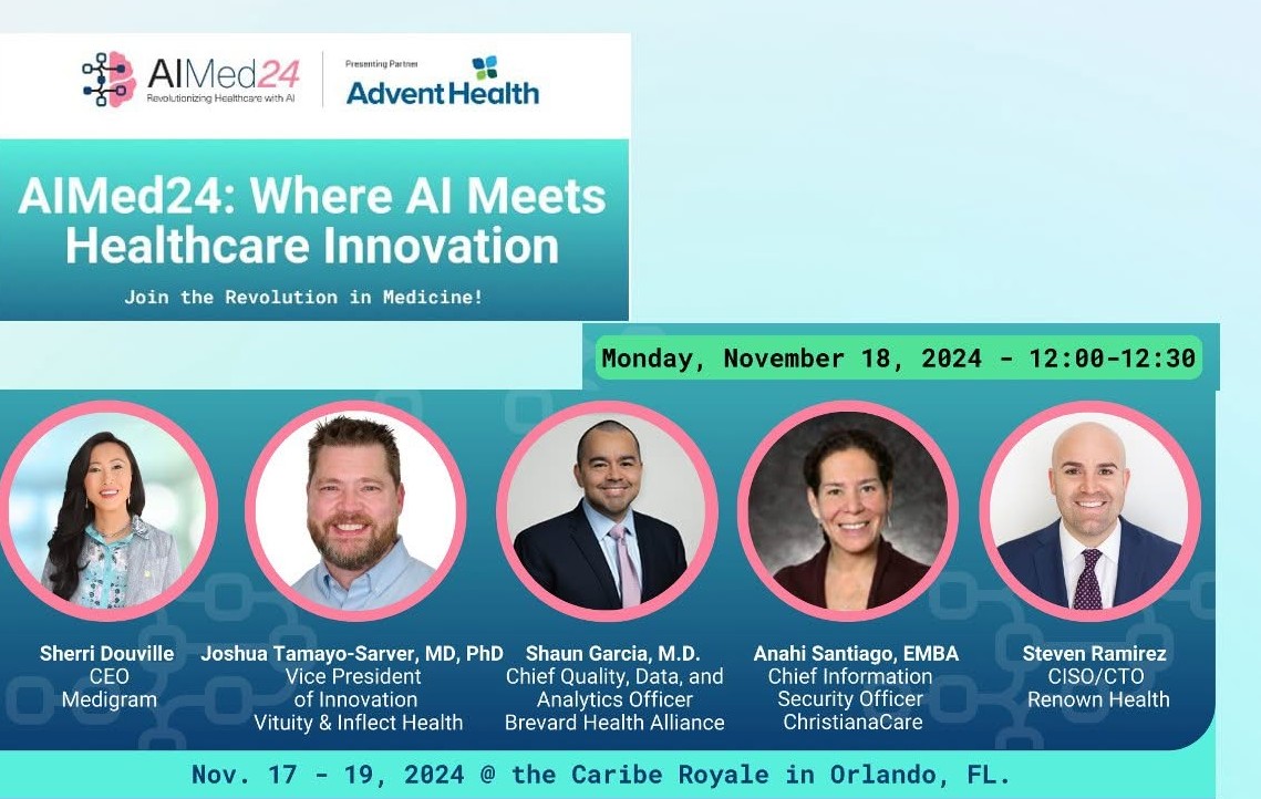 Promotional graphic for the AIMed24 panel "I.T. From Mars and Clinicians Are From Rome," showing headshots and titles for panelists Sherri Douville, Dr. Joshua Tamayo-Sarver, Dr. Shaun Garcia, Anahi Santiago, and Steven Ramirez, with the session date and location.