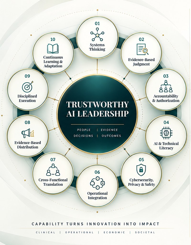 Ten required capabilities for trustworthy AI leadership by 2030, numbered 1 through 10, each with a one-line description, arranged in a circle around a central hub labeled Trustworthy AI Leadership. The full name of each capability appears as text in the capability grid below.